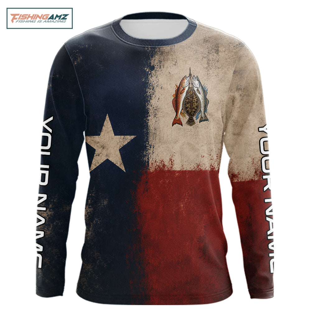 Texas Slam Speckled Trout Flounder Redfish Fishing Shirt, Texas Flag UV Performance Fishing Apparel