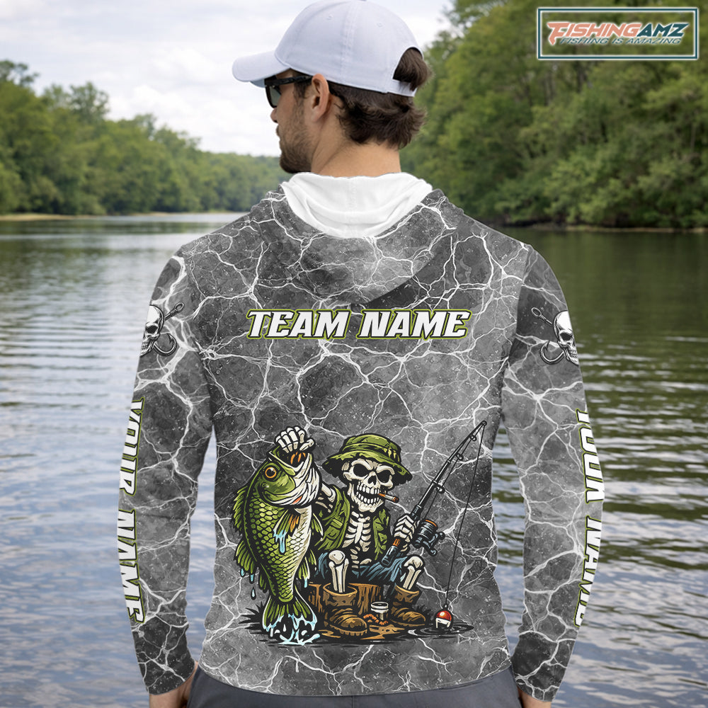 Custom Camo Gray Fish Reaper Skull Bass Hooded Long Sleeve Fishing Shirt, Bass Hunter Fishing Jerseys NHT678