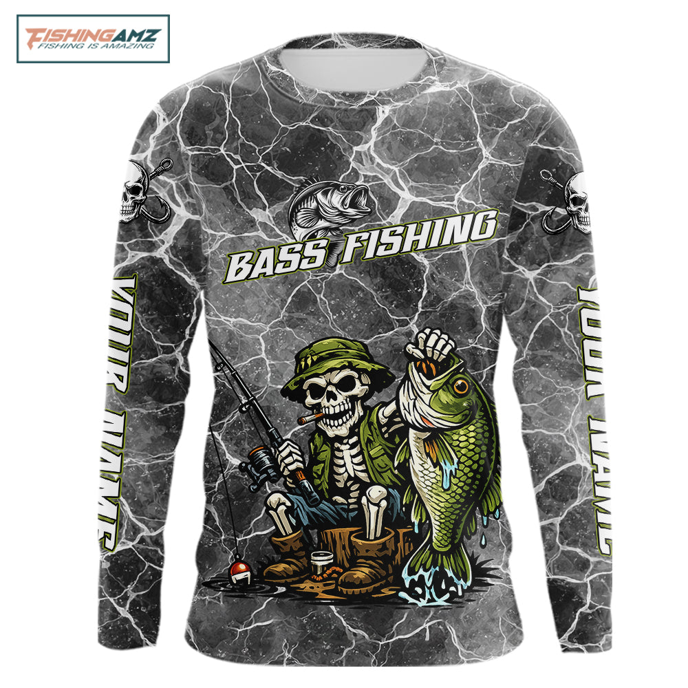 Custom Camo Gray Fish Reaper Skull Bass Long Sleeve Fishing Shirt, Bass Hunter Fishing Jerseys