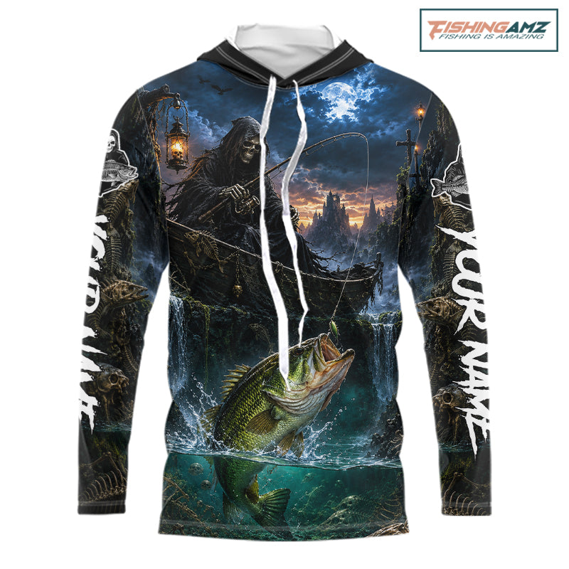 Grim Reaper Fishing Jersey, Largemouth Bass Long Sleeve Hooded UV Performance Shirt For Men