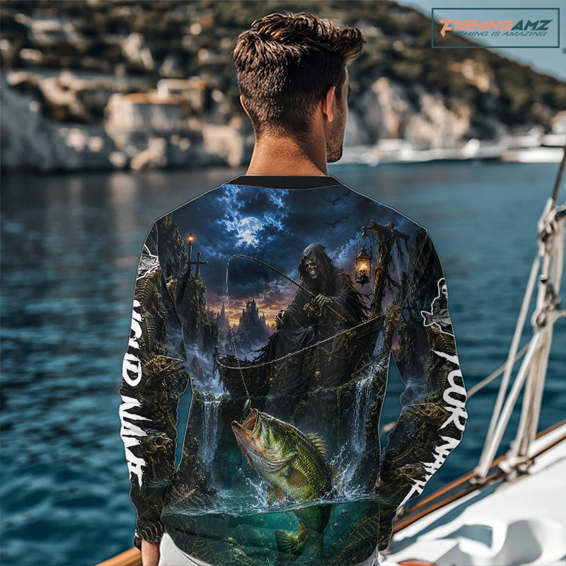 Grim Reaper Fishing Jersey, Largemouth Bass Long Sleeve UV Performance Shirt For Men