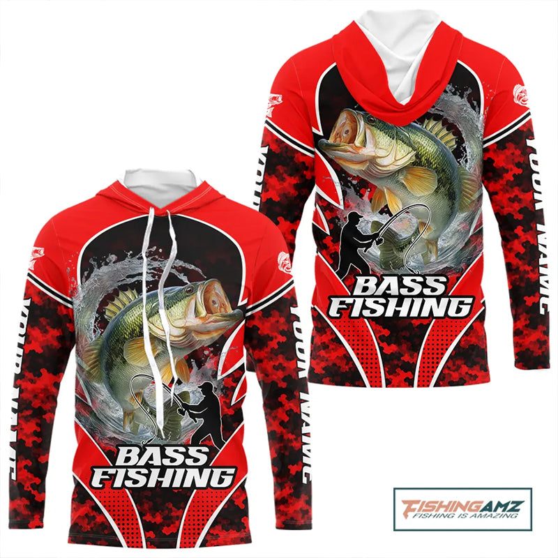 Personalized Bass Fishing Shirts Long Sleeve Hooded, UV Protection Shirt Customize Name | Red NHT394
