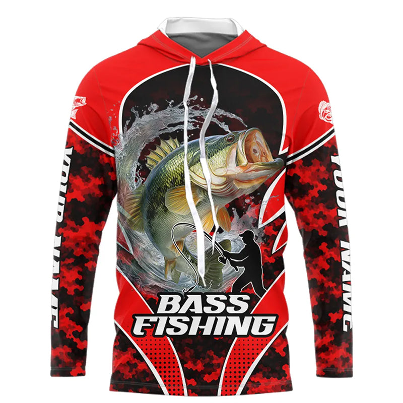 Personalized Bass Fishing Shirts Long Sleeve Hooded, UV Protection Shirt Customize Name | Red NHT394