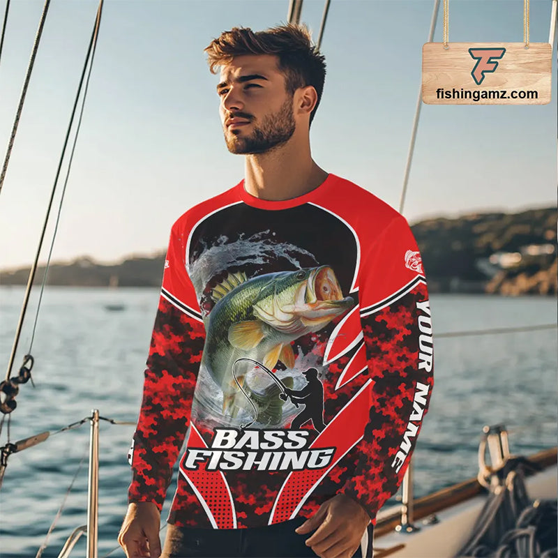Personalized Bass Fishing Shirts Long Sleeve, UV Protection Shirt Customize Name Fishing | Red NHT394
