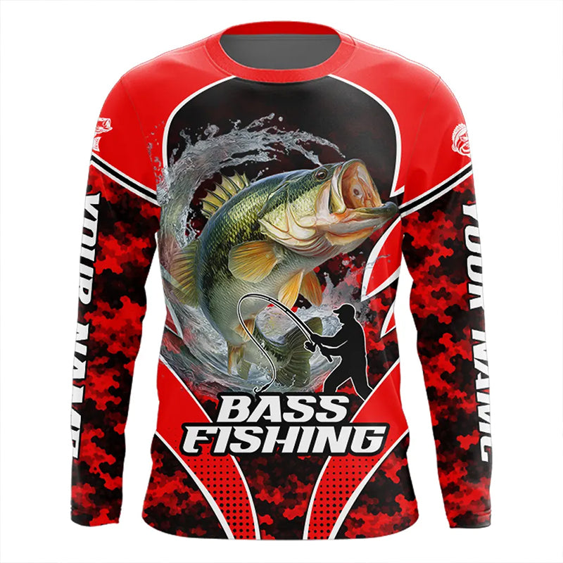 Personalized Bass Fishing Shirts Long Sleeve, UV Protection Shirt Customize Name Fishing | Red NHT394