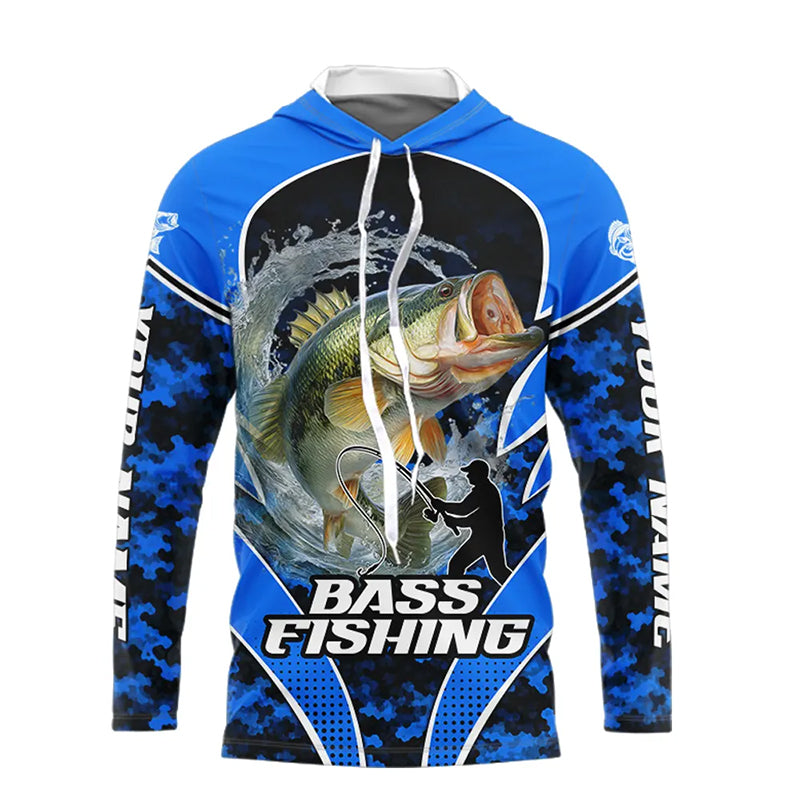 Personalized Bass Fishing Shirts Long Sleeve Hooded Scale, UV Protection Shirt Customize Name| Blue NHT395