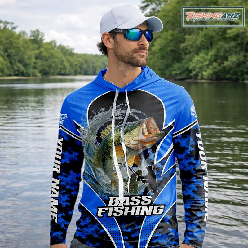 Personalized Bass Fishing Shirts Long Sleeve Hooded Scale, UV Protection Shirt Customize Name| Blue NHT395