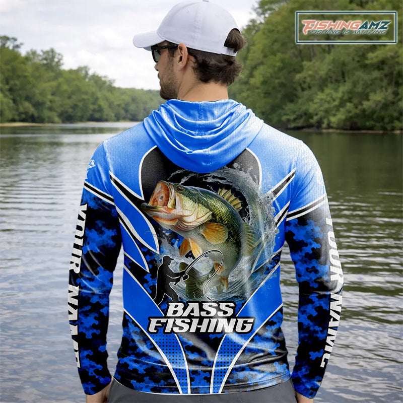 Personalized Bass Fishing Shirts Long Sleeve Hooded Scale, UV Protection Shirt Customize Name| Blue NHT395
