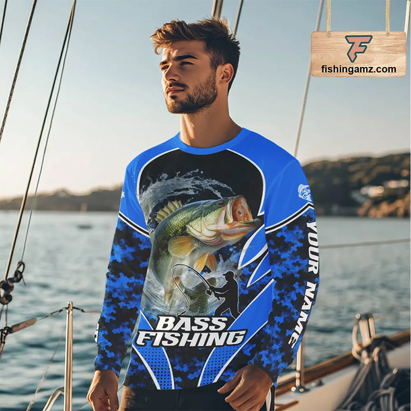 Personalized Bass Fishing Shirts Long Sleeve Scale, UV Protection Shirt Customize Name Fishing | Blue NHT395