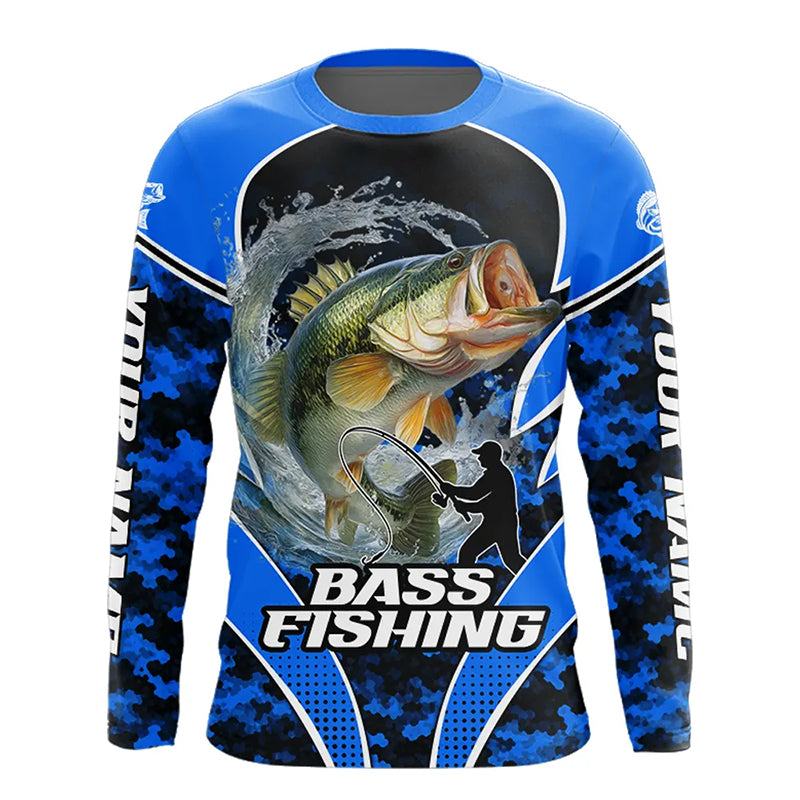 Personalized Bass Fishing Shirts Long Sleeve Scale, UV Protection Shirt Customize Name Fishing | Blue NHT395