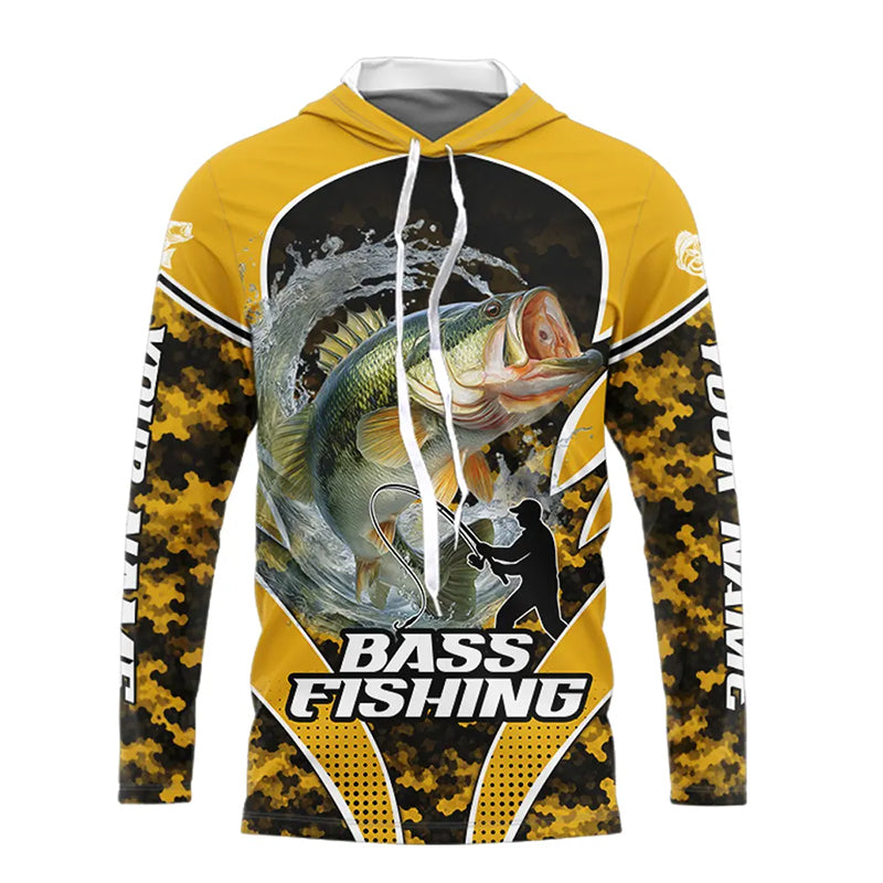 Personalized Bass Fishing Shirts Long Sleeve Hooded Scale, UV Protection Shirt Customize Name| Yellow NHT396