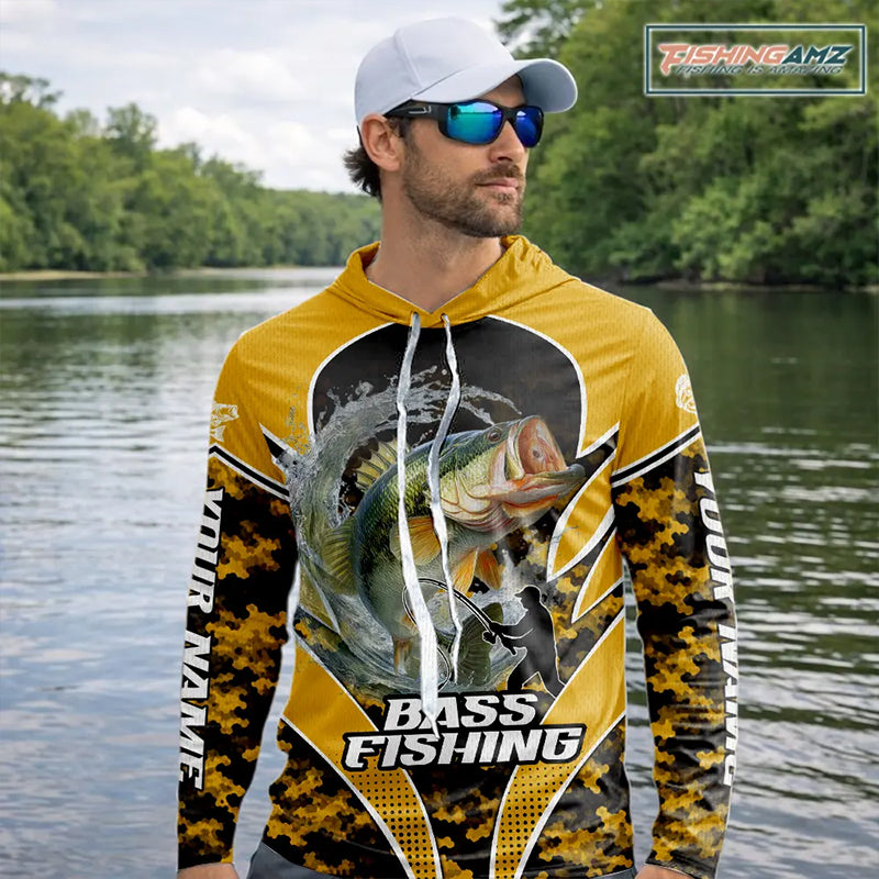 Personalized Bass Fishing Shirts Long Sleeve Hooded Scale, UV Protection Shirt Customize Name| Yellow NHT396