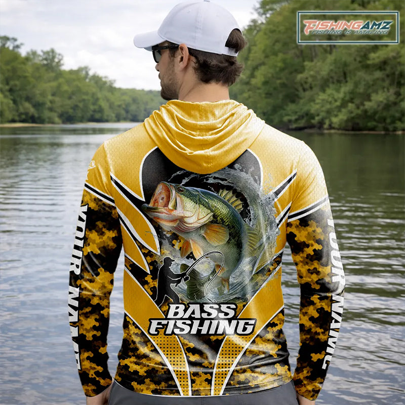Personalized Bass Fishing Shirts Long Sleeve Hooded Scale, UV Protection Shirt Customize Name| Yellow NHT396