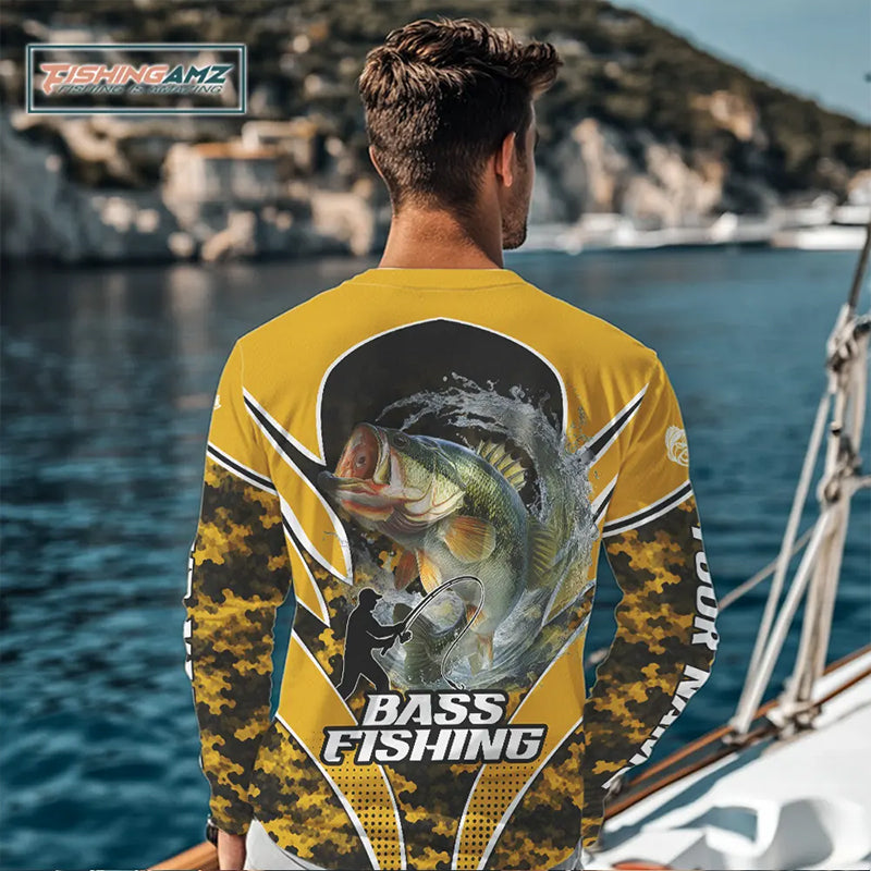 Personalized Bass Fishing Shirts Long Sleeve Scale, UV Protection Shirt Customize Name Fishing | Yellow NHT396