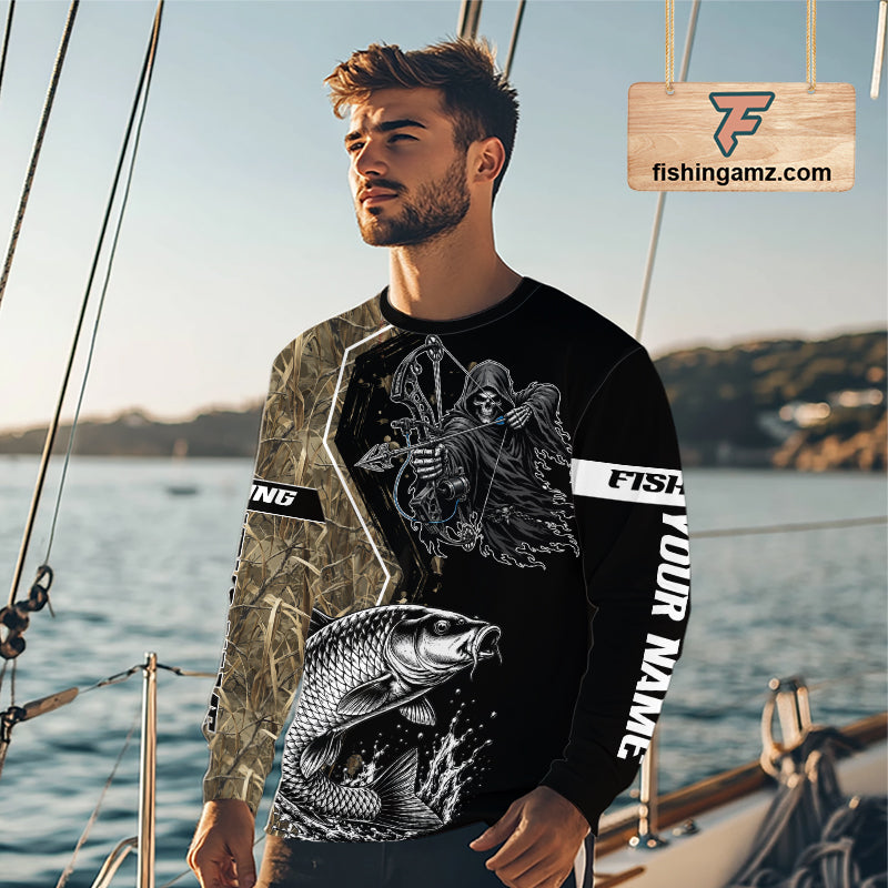 Bowfishing Shirt With Grim Reaper & Carp Fish Camo Design, Fishing Shirts Long Sleeve For Men NHT1371