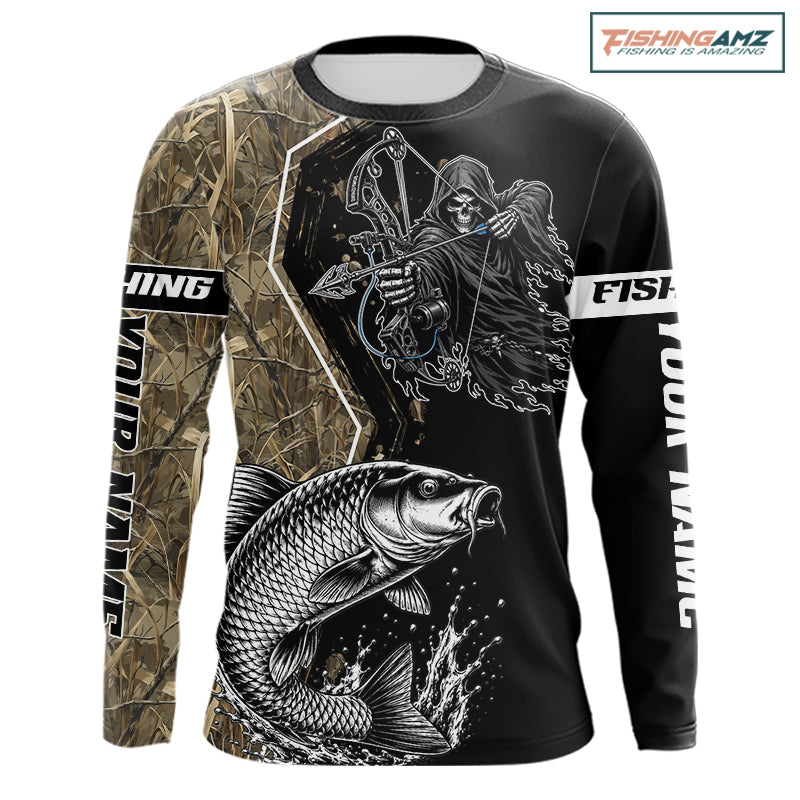 Bowfishing Shirt With Grim Reaper & Carp Fish Camo Design, Fishing Shirts Long Sleeve For Men NHT1371