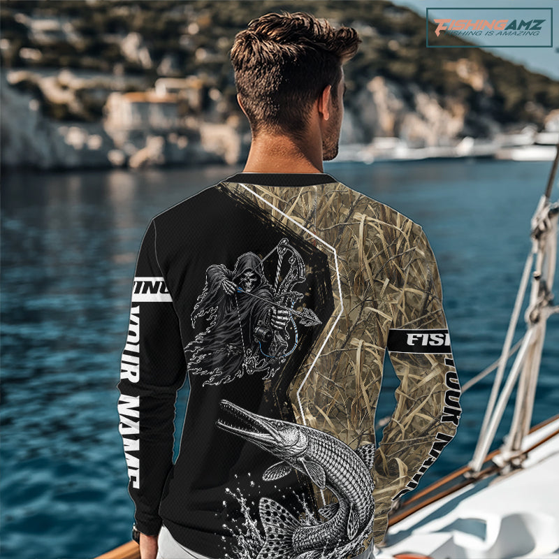 Bowfishing Shirt With Grim Reaper & Alligator Gar Fish Camo Design, Fishing Shirts For Men NHT1372