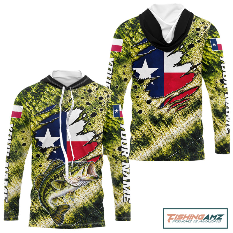Largemouth Bass Fishing Shirt Custom Texas Flag Scale Pattern Long Sleeve Hooded Apparel NHT1704
