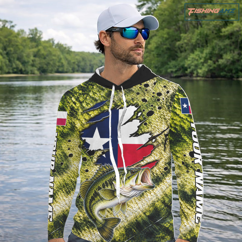 Largemouth Bass Fishing Shirt Custom Texas Flag Scale Pattern Long Sleeve Hooded Apparel NHT1704