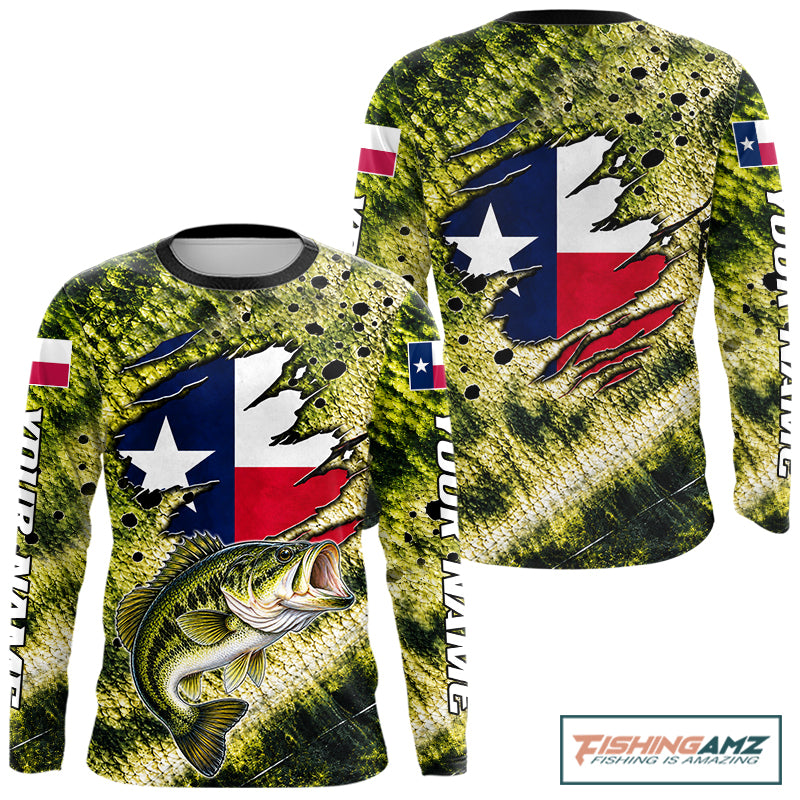 Largemouth Bass Fishing Shirt Custom Texas Flag Scale Pattern Long Sleeve Apparel NHT1704