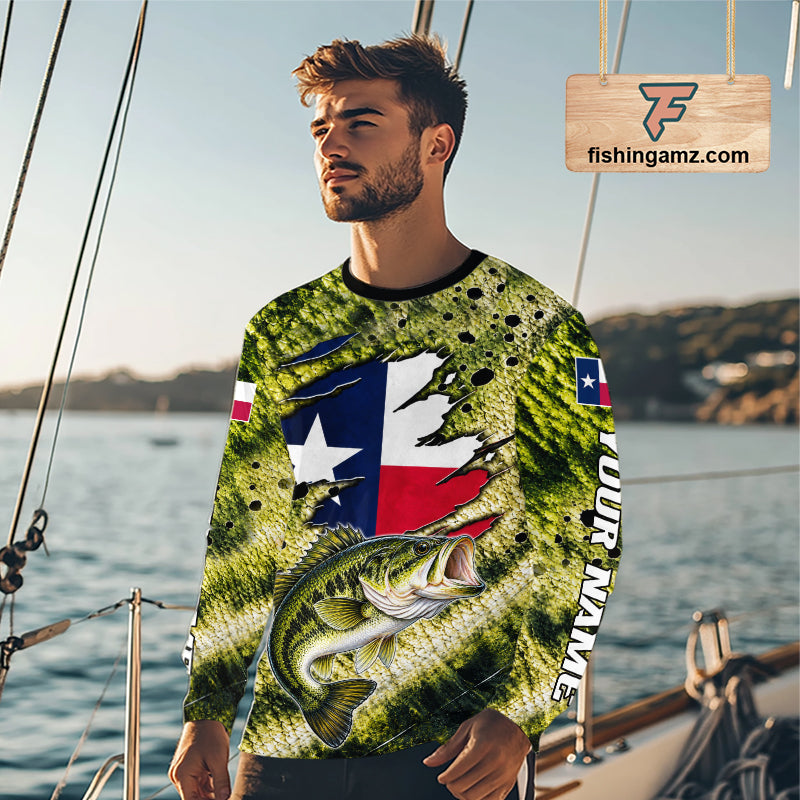 Largemouth Bass Fishing Shirt Custom Texas Flag Scale Pattern Long Sleeve Apparel NHT1704