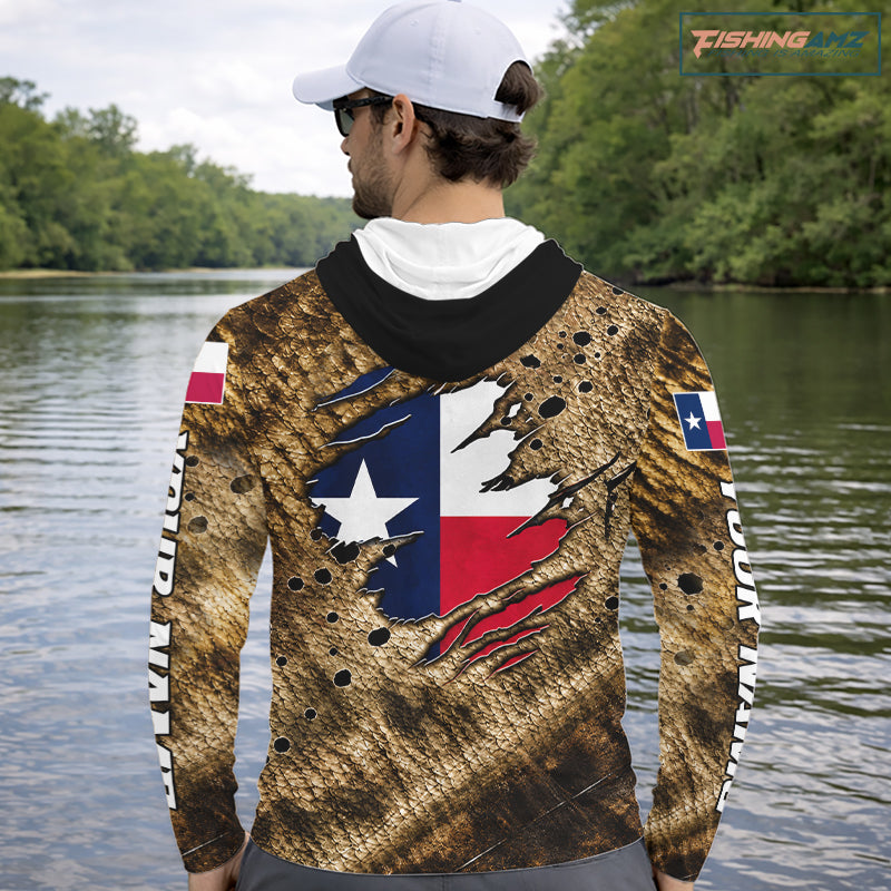 Largemouth Bass Fishing Shirt Custom Texas Flag Brown Scale Pattern Long Sleeve Hooded Apparel NHT1705