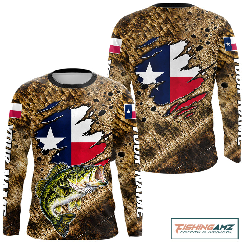 Largemouth Bass Fishing Shirt Custom Texas Flag Brown Scale Pattern Long Sleeve Apparel NHT1705