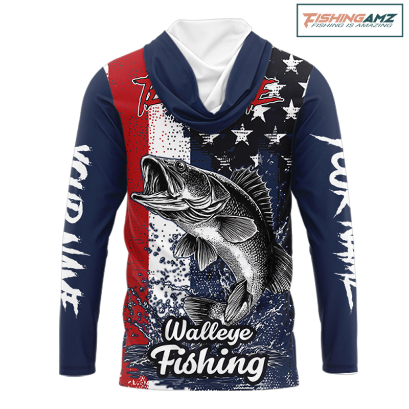 Walleye custom US flag long sleeve hooded fishing shirt, men's fishing shirt