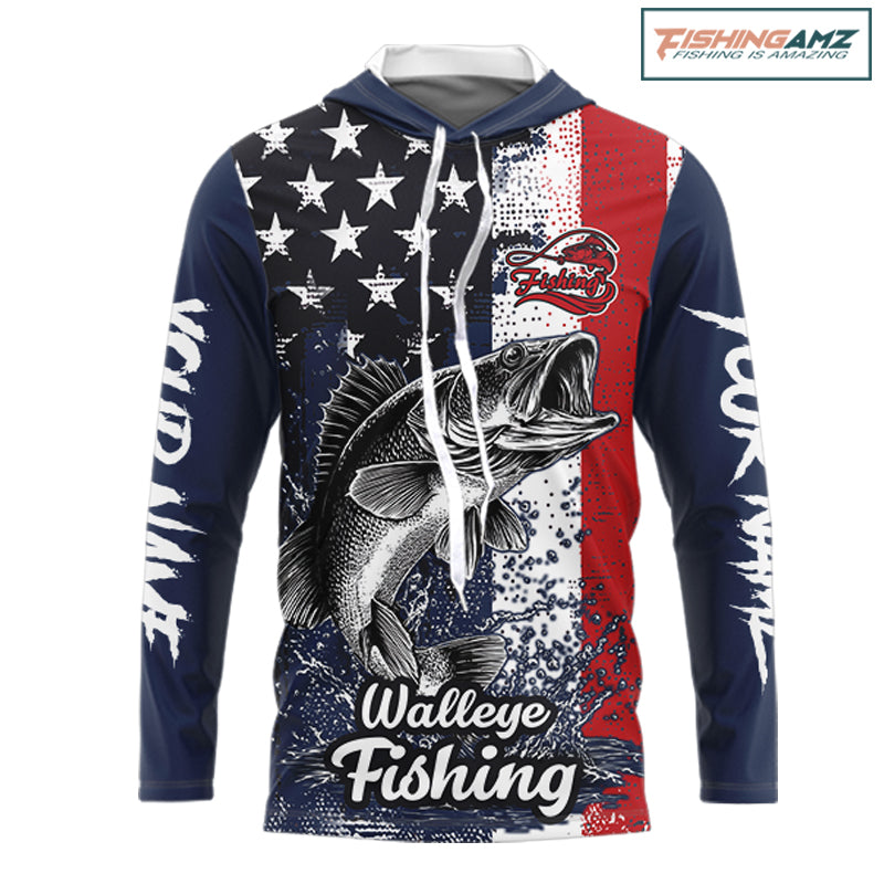 Walleye custom US flag long sleeve hooded fishing shirt, men's fishing shirt