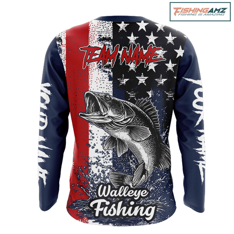 Walleye custom US flag long sleeve fishing shirt, men's fishing shirt