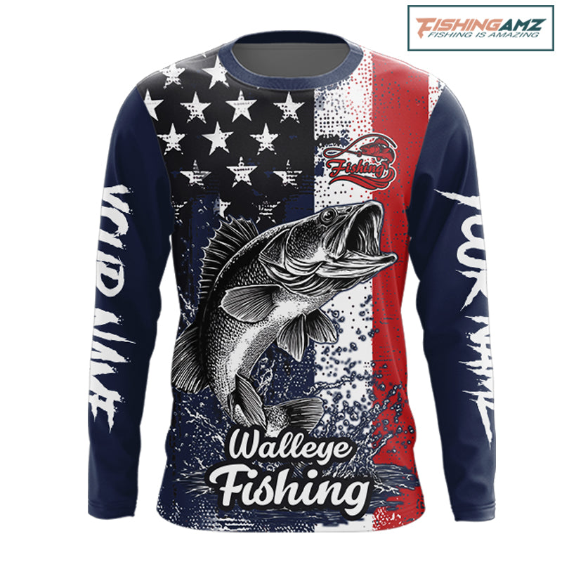Walleye custom US flag long sleeve fishing shirt, men's fishing shirt