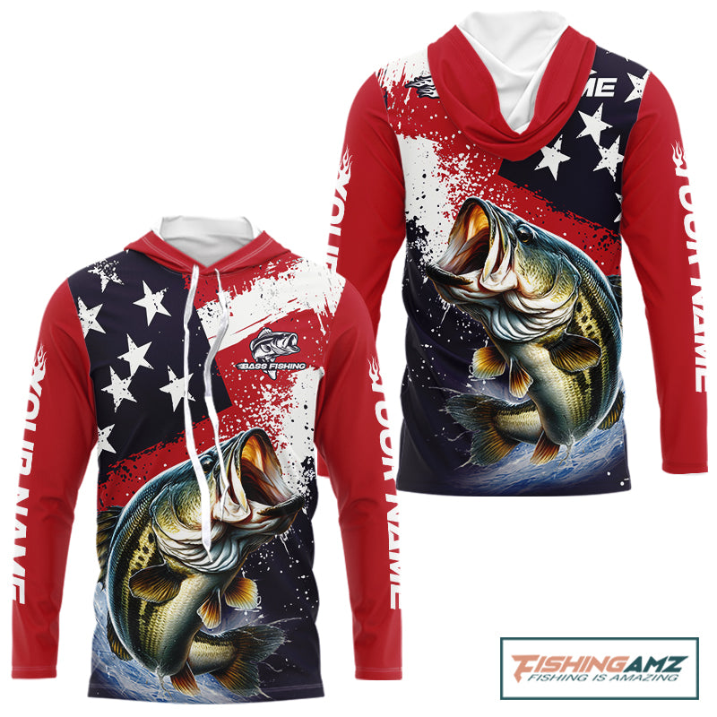 Personalized Bass Fishing Jerseys, Custom American Flag Bass Fishing Shirts Long Sleeve Hooded