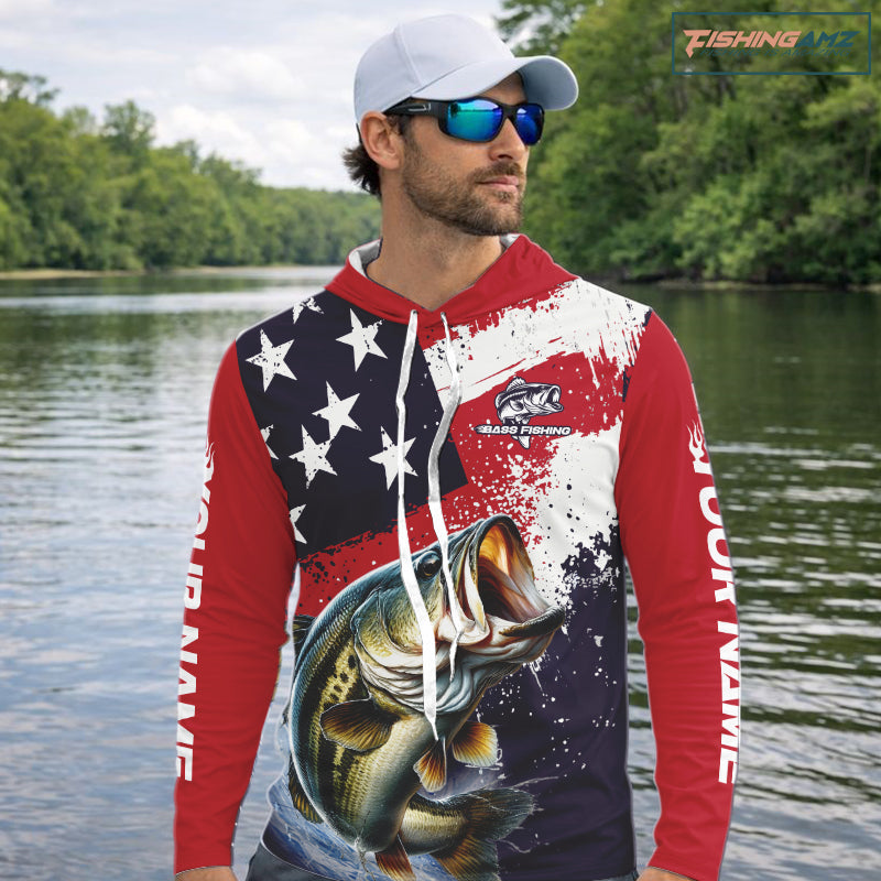 Personalized Bass Fishing Jerseys, Custom American Flag Bass Fishing Shirts Long Sleeve Hooded