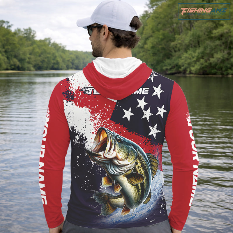 Personalized Bass Fishing Jerseys, Custom American Flag Bass Fishing Shirts Long Sleeve Hooded