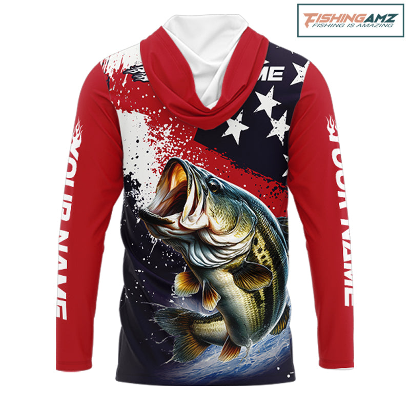 Personalized Bass Fishing Jerseys, Custom American Flag Bass Fishing Shirts Long Sleeve Hooded