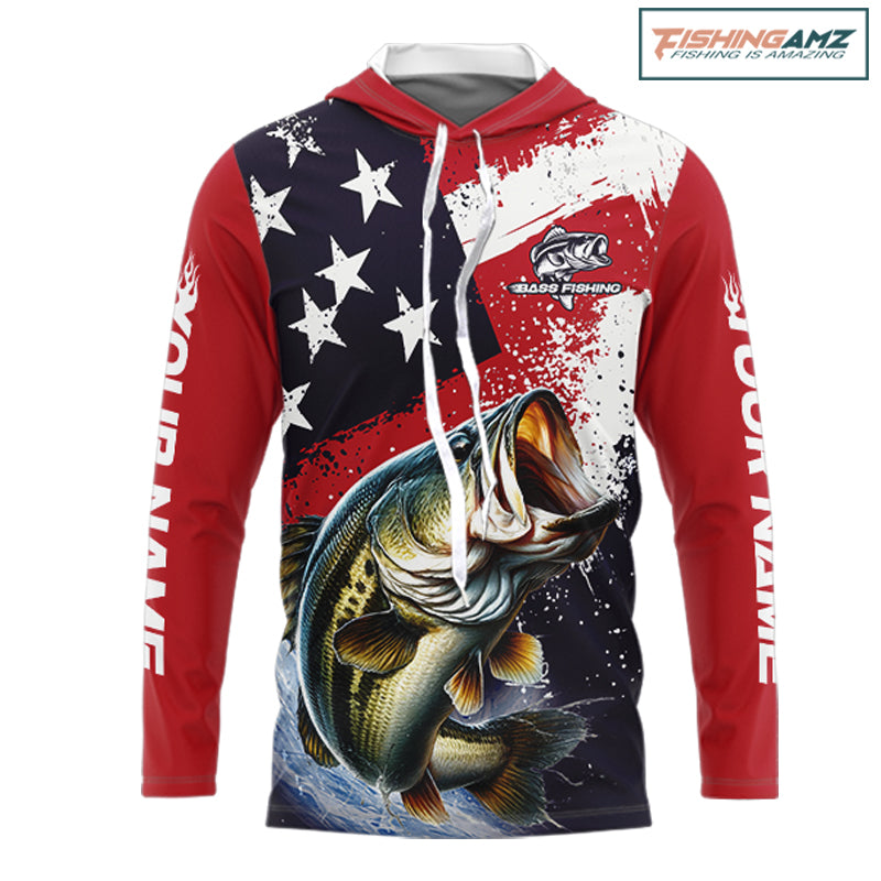 Personalized Bass Fishing Jerseys, Custom American Flag Bass Fishing Shirts Long Sleeve Hooded