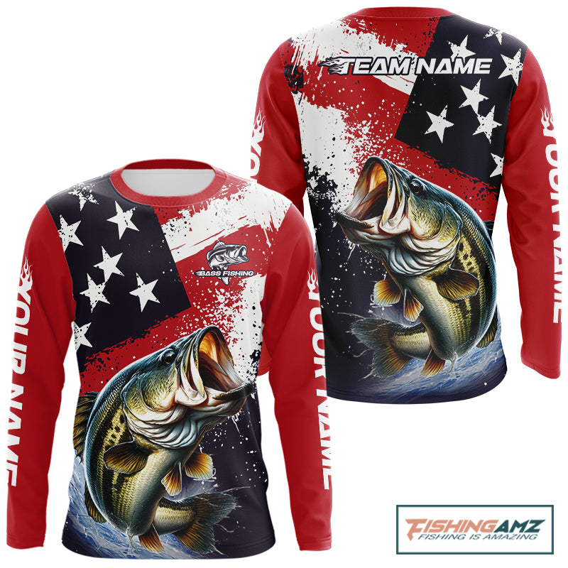 Personalized Bass Fishing Jerseys, Custom American Flag Bass Fishing Shirts Long Sleeve