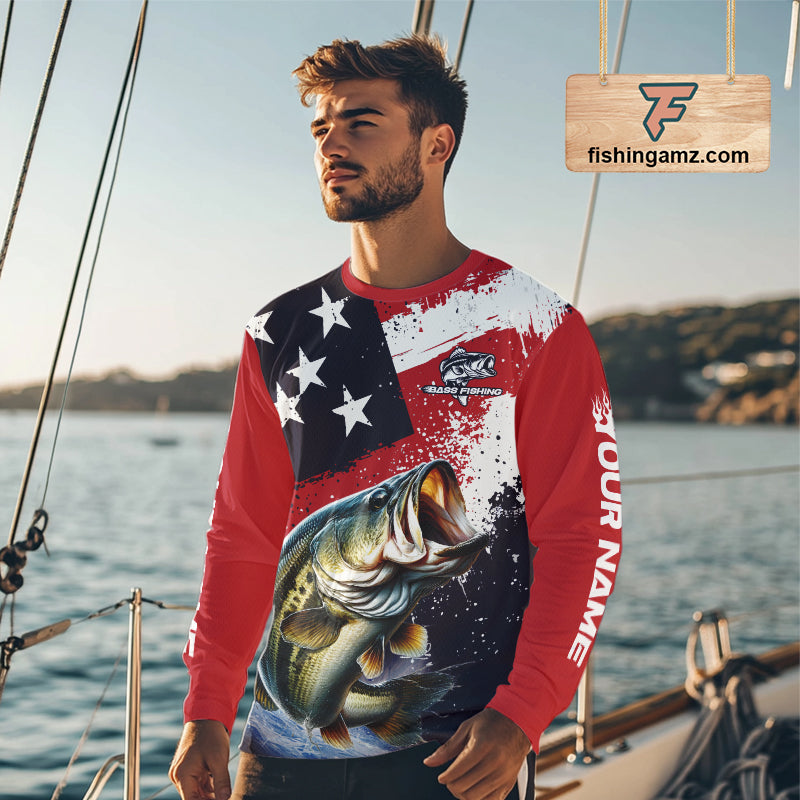 Personalized Bass Fishing Jerseys, Custom American Flag Bass Fishing Shirts Long Sleeve