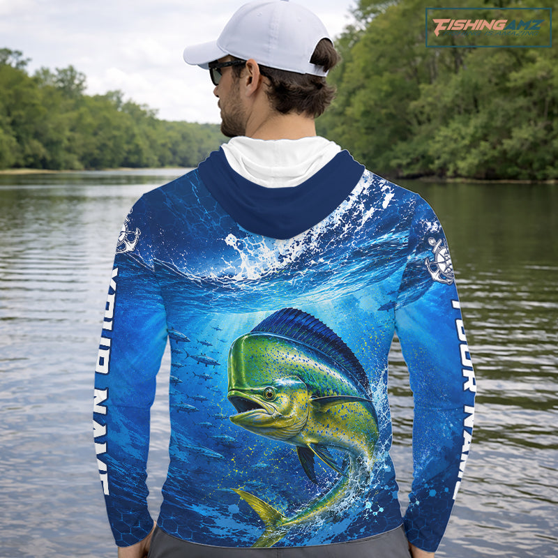 Mahi Mahi Fishing Jersey Ocean Blue 3D All Over Print Long Sleeve Hooded Performance Shirt