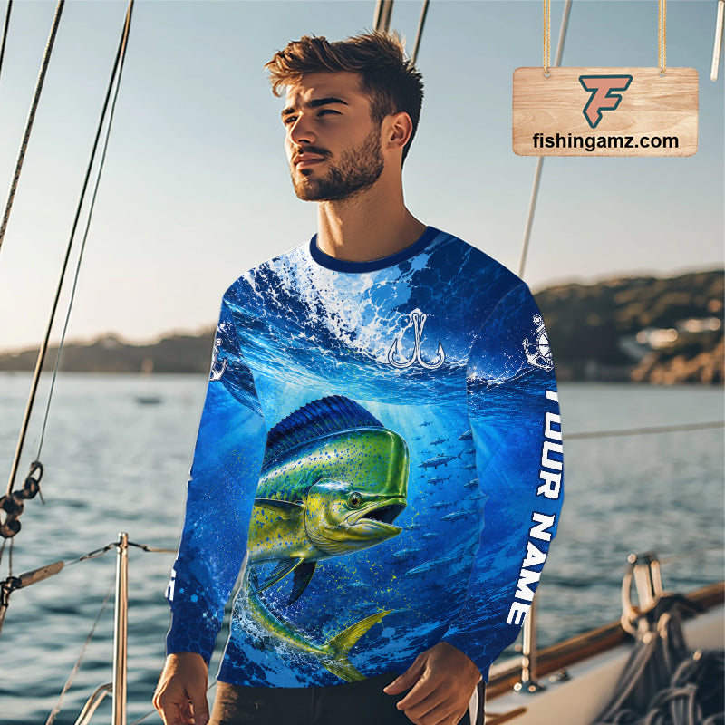 Mahi Mahi Fishing Jersey Ocean Blue 3D All Over Print Long Sleeve Performance Shirt