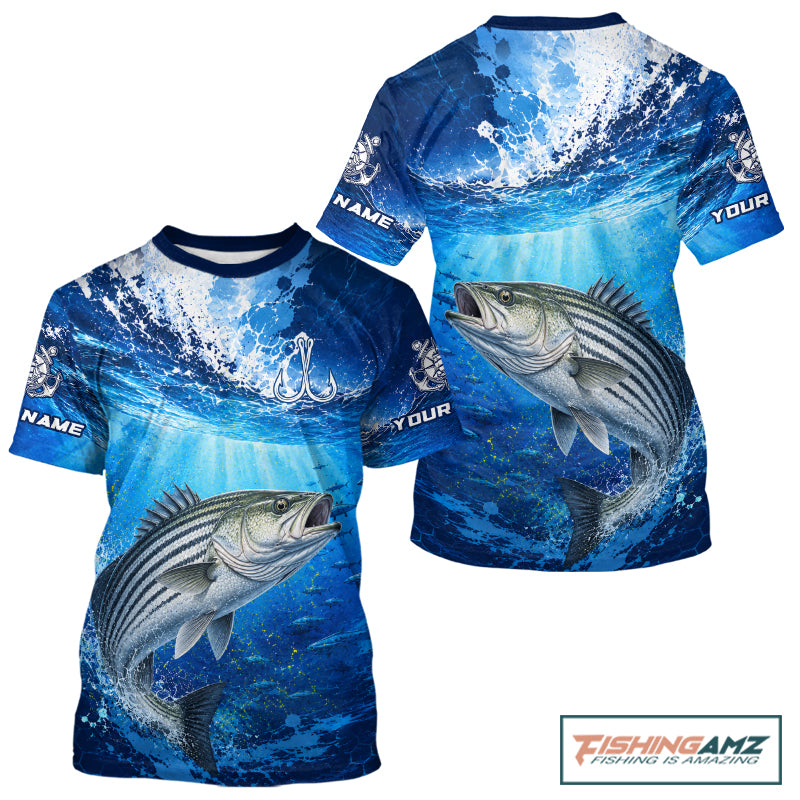 Striped Bass Short Sleeve T-Shirt Ocean Blue 3D All Over Print Performance Shirt