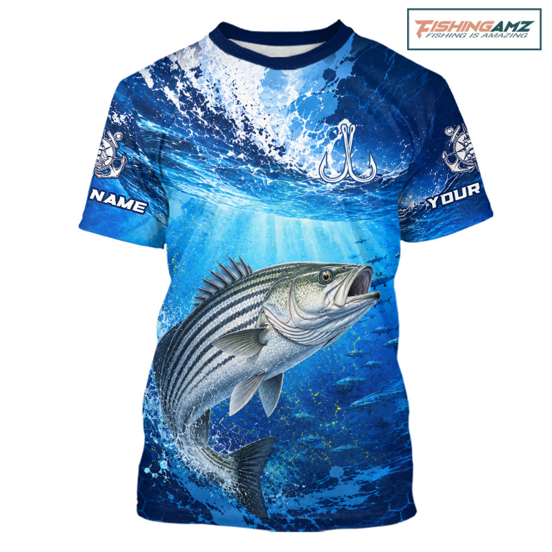 Striped Bass Short Sleeve T-Shirt Ocean Blue 3D All Over Print Performance Shirt