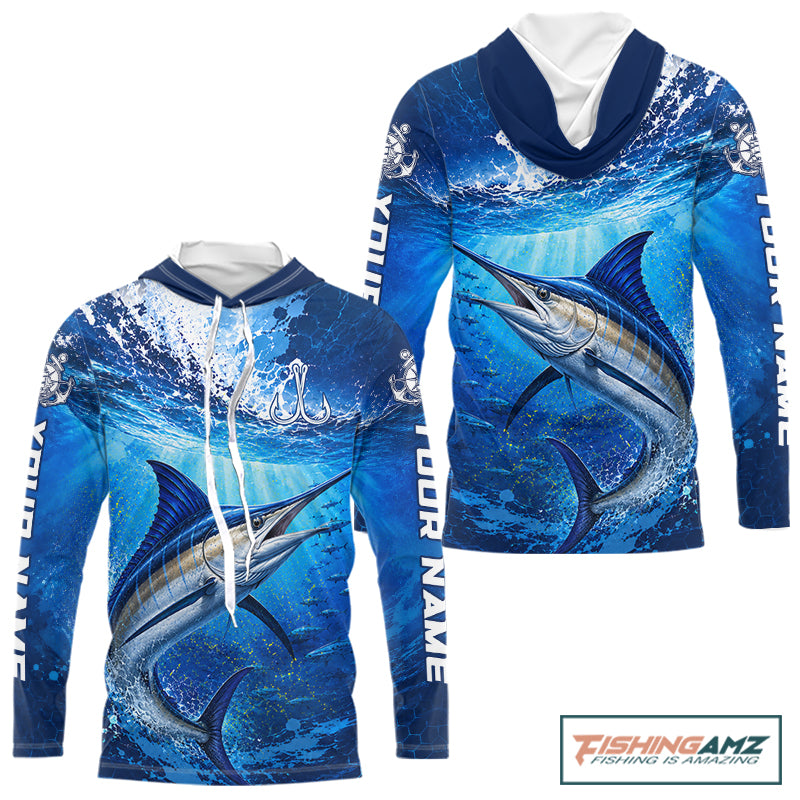 Marlin Fishing Jersey Ocean Blue 3D All Over Print Long Sleeve Hooded Performance Shirt