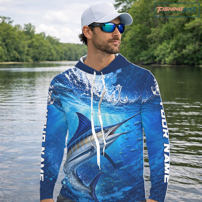Marlin Fishing Jersey Ocean Blue 3D All Over Print Long Sleeve Hooded Performance Shirt