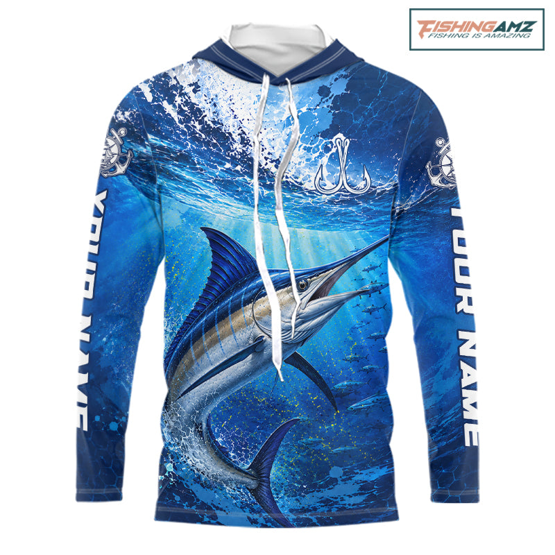 Marlin Fishing Jersey Ocean Blue 3D All Over Print Long Sleeve Hooded Performance Shirt