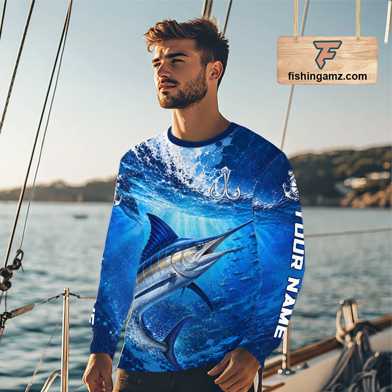 Marlin Fishing Jersey Ocean Blue 3D All Over Print Long Sleeve Performance Shirt