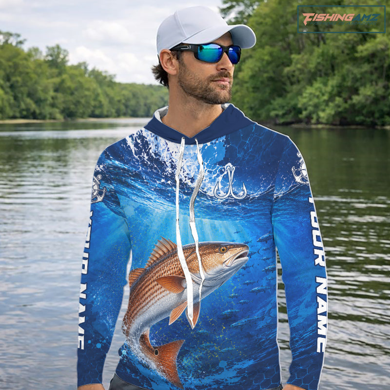 Redfish (Red Drum) Fishing Jersey Ocean Blue 3D All Over Print Long Sleeve Hooded Performance Shirt