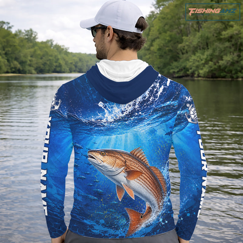 Redfish (Red Drum) Fishing Jersey Ocean Blue 3D All Over Print Long Sleeve Hooded Performance Shirt