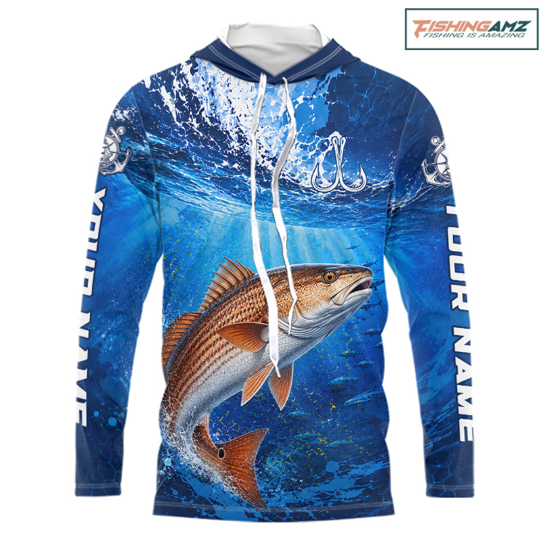 Redfish (Red Drum) Fishing Jersey Ocean Blue 3D All Over Print Long Sleeve Hooded Performance Shirt