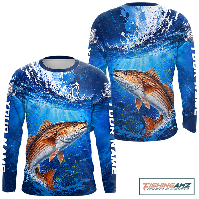 Redfish (Red Drum) Fishing Jersey Ocean Blue 3D All Over Print Long Sleeve Performance Shirt